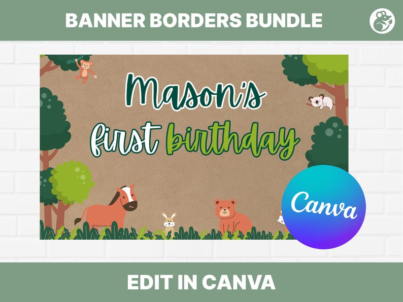 Op de afbeelding: Een bannerontwerp met de tekst "BANNER BORDERS BUNDLE" en "Mason's first birthday". Het ontwerp bevat illustraties van een paard, een beer, een konijn, een aap en een koala. Het Canva-logo is zichtbaar.