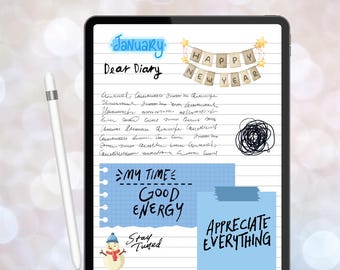 May include: A digital planner page with the word "January" written in blue. The page has lined paper and includes handwritten notes, a snowman illustration, and several blue sticky notes with the text "MY TIME", "GOOD ENERGY", "Stay Tuned", and "APPRECIATE EVERYTHING".