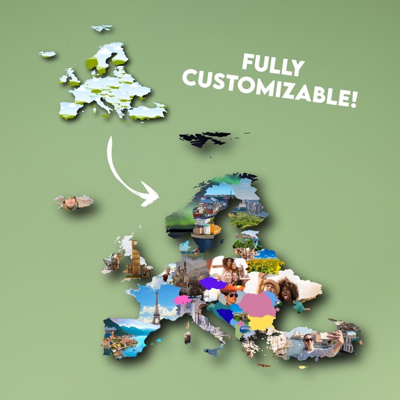 May include: A green background with a map of Europe, filled with various images. The text "FULLY CUSTOMIZABLE!" is displayed in white. An arrow points from a smaller map to the larger one.