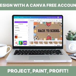 Op de afbeelding: Een laptop met een Canva-ontwerpinterface met een "Back to School"-afbeelding. Een koffiekopje, een vetplant en een smartphone zijn ook zichtbaar. Tekst bovenaan luidt "DESIGN WITH A CANVA FREE ACCOUNT" en onderaan "PROJECT, PAINT, PROFIT!"