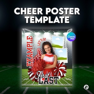 Könnte beinhalten: Cheerleader-Poster-Vorlage mit einer lächelnden Cheerleaderin in rot-weißem Outfit, die einen roten Pompon hält. Das Poster enthält den Text "CHEER POSTER TEMPLATE", "EXAMPLE High School", "LET'S GO" und Platz für Fotos und Namen.