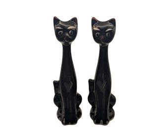 Pair of Black Cat Vases, Vintage 1960's Kitsch Ceramics