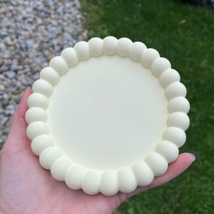 May include: A white, round, decorative tray with a raised, beaded edge. The tray is made of a smooth, matte material.