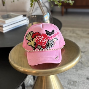 I Love Lucy trucker hat.....embroidery patches, pink.