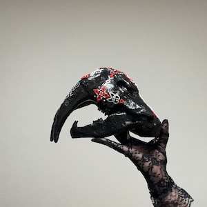 Saber-toothed Tiger Skull Sculpture in Black with Beads Ornament