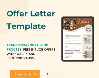 May include: A digital tablet displaying a job offer letter template with the text "Welcome!" and "Details" and "Benefits". The template is designed to help businesses present job offers with clarity and professionalism.