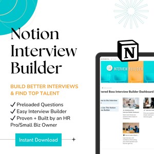 May include: An advertisement for a Notion Interview Builder, featuring the product name in black text. Supporting text is in orange and teal. A tablet displays the product interface. The background is white.