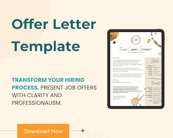 May include: A digital tablet displaying a job offer letter template with the text "Offer Letter Template" and "Transform your hiring process. Present job offers with clarity and professionalism." The template includes sections for "Details" and "Benefits".