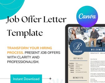 May include: A job offer letter template with a blue and white design. The template includes a section for details, such as position, start date, location, salary, status, and hours. It also includes a section for benefits, such as 90-day waiting period, 401k, PTO, holidays, and training.