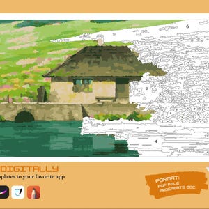 May include: Digital paint-by-numbers template featuring a quaint cottage scene with a bridge over water. The image is partially colored, with a key and color palette on the left. Text reads "COLOR DIGITALLY".