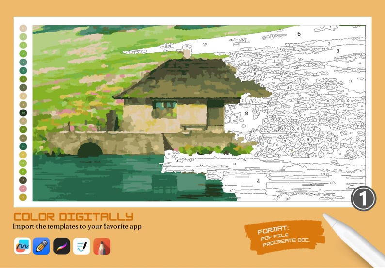 May include: Digital paint-by-numbers template featuring a quaint cottage scene with a bridge over water. The image is partially colored, with a key and color palette on the left. Text reads "COLOR DIGITALLY".