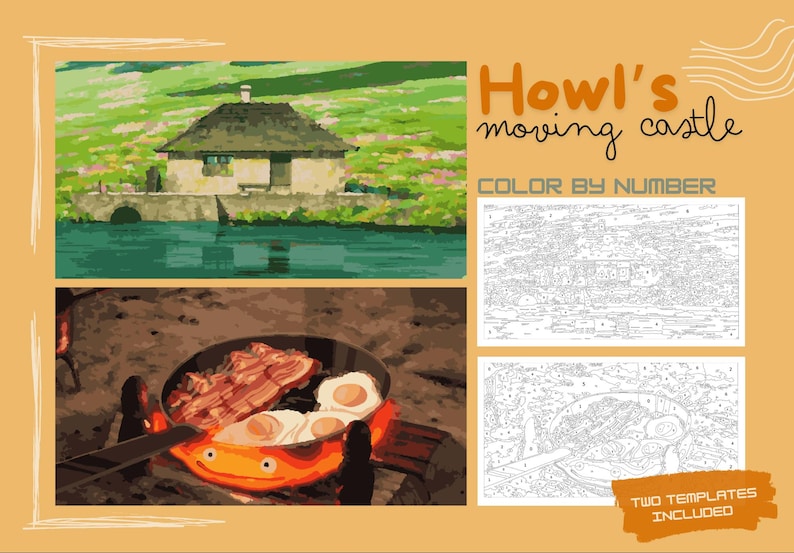 May include: An illustration featuring scenes from "Howl's Moving Castle." The top shows a house by water, the bottom a pan with food. The text "Howl's moving castle" and "COLOR BY NUMBER" are visible, along with two templates.