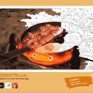 May include: Digital paint-by-numbers template featuring a cartoon-style image of a frying pan with bacon and eggs. The image is in a warm color palette with the text "COLOR DIGITALLY" and app icons. The format is PDF file and Procreate DOC.