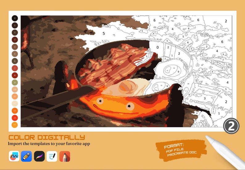 May include: Digital paint-by-numbers template featuring a cartoon-style image of a frying pan with bacon and eggs. The image is in a warm color palette with the text "COLOR DIGITALLY" and app icons. The format is PDF file and Procreate DOC.