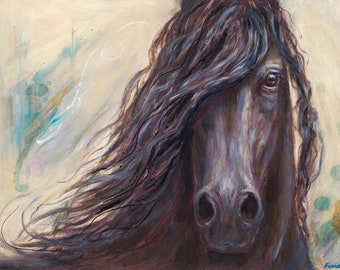 Friesian Horse Art-Canvas Mixed Media-'Mane Attraction II' on canvas