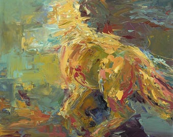 May include: Abstract painting of a horse running, with a yellow, orange, and red color scheme. The background is a mix of blue, green, and brown.