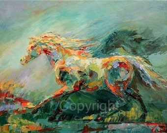 Modern Impressionistic Painting of Horse in abstract color-'Fluid Motion' by Janet Ferraro