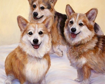 Corgi Dog Painting of 'Three Corgi's' art print on canvas or paper