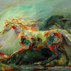 Modern Impressionistic Painting of Horse in abstract color-&#39;Fluid Motion&#39; by Janet Ferraro