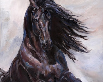 May include: A black horse with a long flowing mane and tail, painted in a realistic style. The horse's head is turned to the side, and its eyes are looking directly at the viewer. The background is a soft, muted color.
