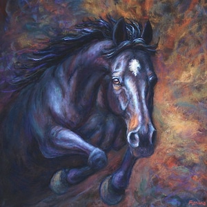 Impression d&#39;art de cheval d&#39;obstacle représentant le cavalier de chasseur de dressage « Shine »