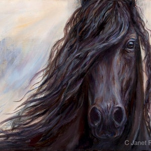 May include: A close-up painting of a black horse with long flowing mane and a soft, dreamy background.