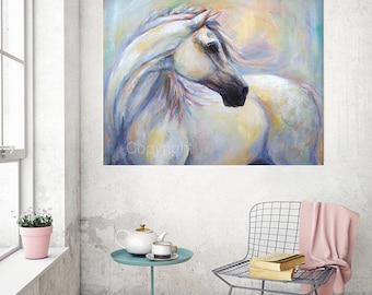 May include: A painting of a white horse with a flowing mane and tail. The horse is painted in a soft, pastel color palette with shades of blue, pink, and yellow. The background is a blurred, abstract design.