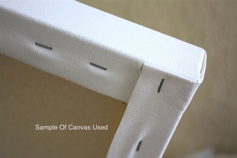 K&ouml;nnte beinhalten: Nahaufnahme einer wei&szlig;en Leinwand, die &uuml;ber einen Holzrahmen gespannt ist. Die Leinwand ist mit Heftklammern an den R&auml;ndern befestigt. Der Text "Sample Of Canvas Used" ist in der linken unteren Ecke des Bildes sichtbar.