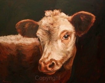 Cow Painting-Large Canvas-Western-'Cow Gazing'-Fine Art Giclee By Janet Ferraro