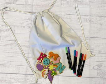 DIY Kids Cotton Drawstring Backpack Decorating Kit, Party Craft with Patches