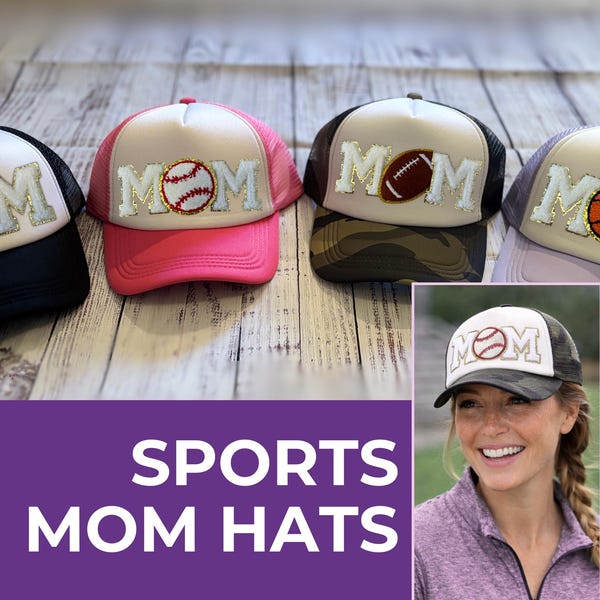 Mom Trucker Hat with Chenille Patch – Baseball Mom Hat, Soccer Mom Hat, Basketball Mom Hat, Football Mom Gift, Sports Mom Hat