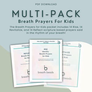 May include: A multi-pack of printable breath prayer cards for kids. The cards feature a light blue background with a white border and the text "Breath Prayers for Kids" in a bold, black font. The cards are designed to help children learn how to pray through breathing exercises.