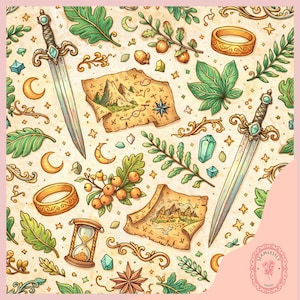 Puede incluir: Un patrón caprichoso con espadas, mapas, anillos y follaje en tonos verdes, dorados y beige. El diseño incluye una rosa de los vientos, un reloj de arena y medias lunas, creando un tema de fantasía.