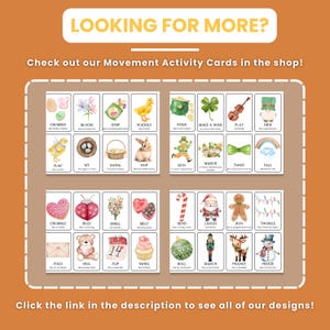 May include: A set of colorful movement activity cards with illustrations and text. The cards feature various themes, including Easter, St. Patrick's Day, and Christmas. Text on the cards includes words like "Jump," "Waddle," and "Twinkle."