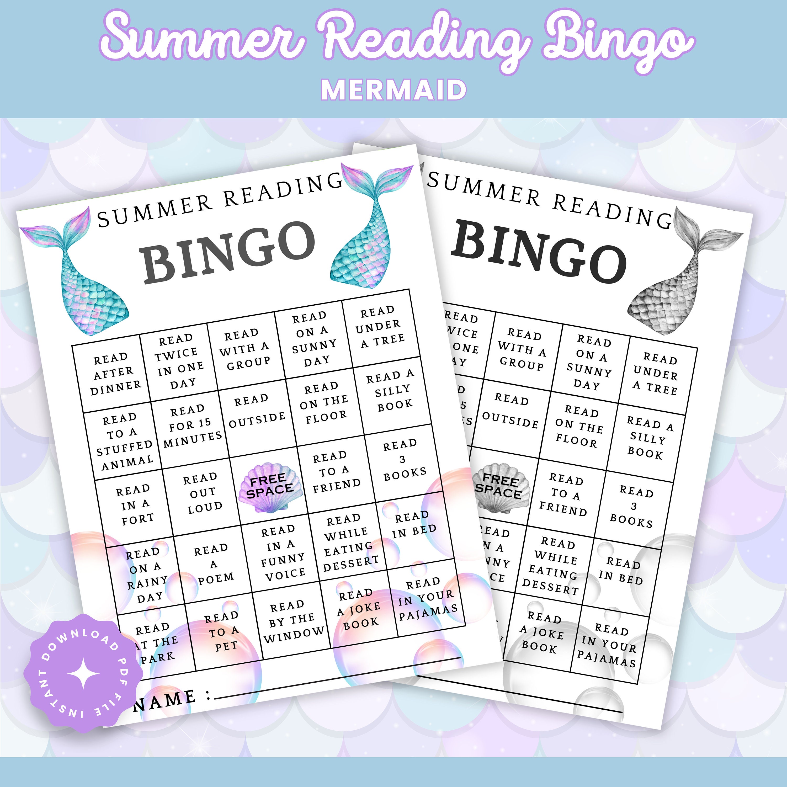 Mermaid Summer Reading Bingo for Kids: Printable Book Tracker (digital ...