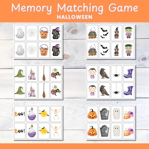 Op de afbeelding: Een Halloween-geheugenspel met aquarel illustraties. Het spel bevat kaarten met geesten, pompoenen, vleermuizen en andere griezelige afbeeldingen. De tekst "Memory Matching Game" en "Halloween" staat bovenaan.