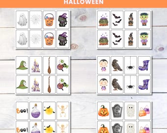 Puede incluir: Un juego de memoria con temática de Halloween con ilustraciones de acuarela. El juego presenta cartas con fantasmas, calabazas, murciélagos y otras imágenes espeluznantes. El texto "Memory Matching Game" y "Halloween" está en la parte superior.