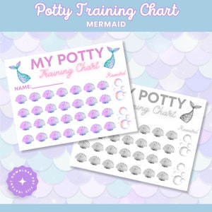 May include: A printable potty training chart with a mermaid theme. The chart features a mermaid tail, seashells, and bubbles. The text on the chart says "My Potty Training Chart" and "Reward".