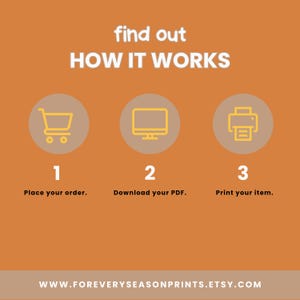 May include: An orange graphic with the text "find out HOW IT WORKS". The steps are: Place your order, Download your PDF, and Print your item. The website address is www.FOREVERYSEASONPRINTS.ETSY.COM.