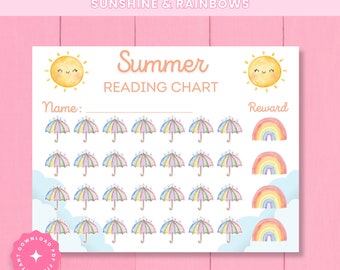 May include: A printable summer reading chart with a sunshine and rainbow theme. The chart features a smiling sun, a rainbow, and 25 colourful umbrellas. The chart has a space for a name and a reward.