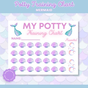 May include: A mermaid-themed potty training chart with the text "Potty Training Chart" and "My Potty Training Chart". The chart features a mermaid tail graphic, space for a name, and seashell reward spaces.