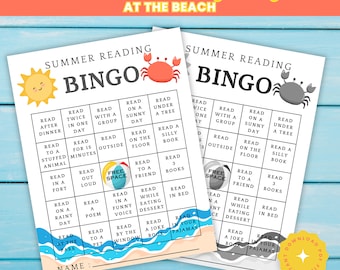 Pode incluir: Um cartão de bingo de leitura de verão imprimível com tema de praia. O cartão tem um sol amarelo, um caranguejo vermelho e uma bola de praia azul. Os quadrados do cartão têm desafios de leitura como "Ler duas vezes em um dia" e "Ler para um amigo".