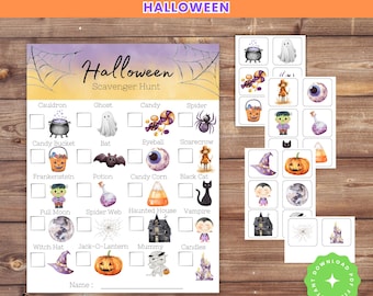 May include: A Halloween scavenger hunt printable with a checklist featuring illustrations of a cauldron, ghost, and spider. The text "Scavenger Hunt" and "Halloween" are displayed at the top. Includes additional matching cards.