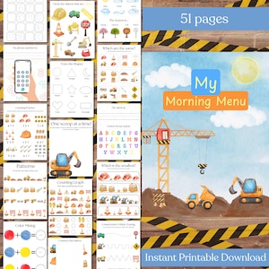 May include: A digital download of a children's activity book titled "My Morning Menu". The cover features construction vehicles and a crane. Inside are pages with educational activities, including counting, tracing, and shape recognition. The book is 51 pages.