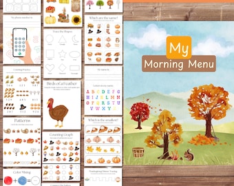 May include: A printable educational activity book with 55 pages. The cover features a watercolor illustration of autumn trees and the text "My Morning Menu". Inside, there are pages for counting, tracing, and color mixing, with fall-themed graphics.