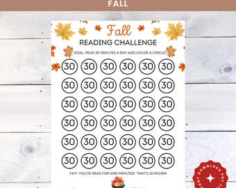 Puede incluir: Un rastreador de lectura imprimible con temática otoñal. El diseño presenta el texto "30 Minute Daily Reading Tracker" y "Fall Reading Challenge". Incluye círculos para colorear después de leer durante 30 minutos cada día. La parte inferior tiene espacio para un nombre y una recompensa.