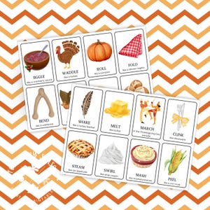 May include: Thanksgiving-themed flashcards with illustrations of food and related actions. Cards include images of a turkey, pumpkin, pie, and silverware. Text on the cards includes words like "Jiggle," "Waddle," "Roll," and "Clink."