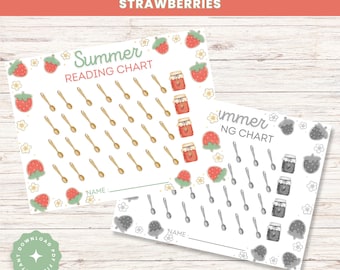 May include: Two printable summer reading charts featuring strawberries and jars of jam. The charts have spaces for 30 books to be read. The first chart has a light green background with wooden spoons and red jars of jam. The second chart has a light gray background with silver spoons and gray jars of jam. Both charts have the text "Summer Reading Chart" and a space for a name.