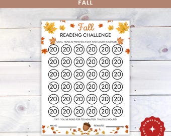 Puede incluir: Un rastreador de lectura imprimible con temática otoñal. El diseño presenta el texto "20 Minute Daily Reading Tracker" y "Fall Reading Challenge". Incluye círculos para colorear por cada sesión de lectura de 20 minutos, con espacio para un nombre y una recompensa.