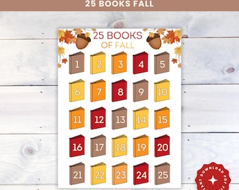 Puede incluir: Un rastreador de libros imprimible con el texto "Book Tracker" y "25 BOOKS FALL". El diseño presenta 25 ilustraciones de libros numerados en colores otoñales, con bellotas y hojas. Incluye un icono de "Descargar PDF".